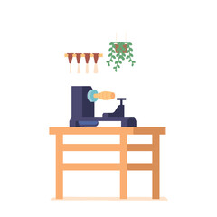 Carpentry Workshop With A Variety Of Tools Hanging on Wall and Workbench with Joiner's Machine for Craftsmen Crafting