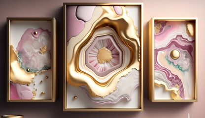 Wall frames, Golden and Pink liquid marble, Generative AI