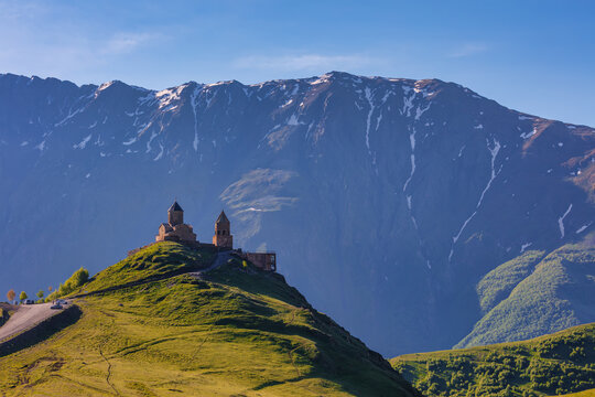 Gergeti Trinity Church near the Stepantsminda village in Georgia ,At an altitude of 2170 meters, under Mount Kazbek or Kazbegi,
