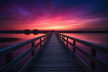 Fototapeta na wymiar Wooden bridge at sunset. Generative AI.