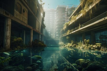 Fototapeta na wymiar A deserted city sunk underwater visible building tops .Generative AI