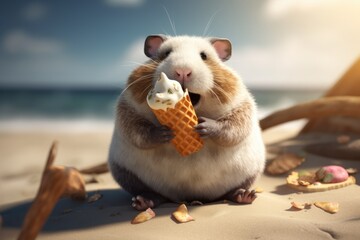 Hamster eating ice cream at the seaside. Generative AI.