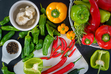 a colorful assortment of peppers, hot peppers and chili, decorated with various assesoires on a wooden table.