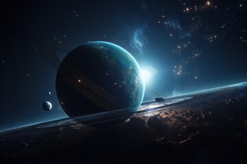 Fototapeta na wymiar A digital image of a planetary system with a blue ring.Generative AI