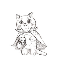 cute cat in vampire costume collects sweets at halloween party graphic illustration
