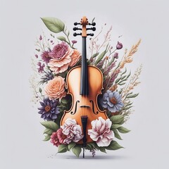 Illustration of a violin standing in the foreground with many flowers around. Image of a beautiful violin and flowers.