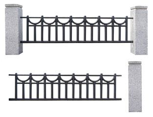 Beautiful black iron metal fence with stone posts close-up isolated on transparent background for collage set of 3 several photos.