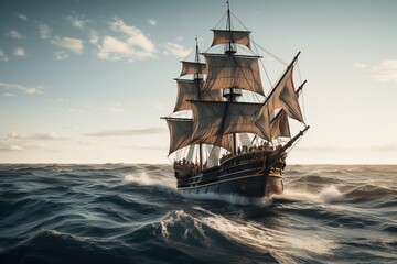 Antique vessel sailing on ocean depicted in 3D .Generative AI