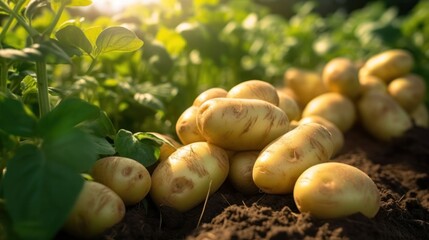 Pile of ripe potatoes on ground in field. Generative AI. - obrazy, fototapety, plakaty