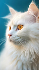 A close up of a white cat with yellow eyes. Generative AI.
