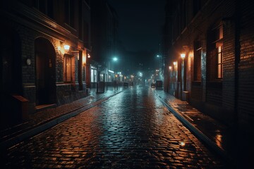 Fototapeta na wymiar Desolate night street with illuminated path.Generative AI
