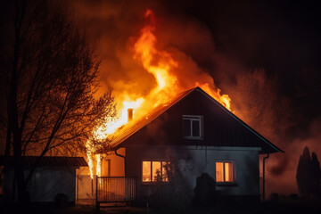 Fototapeta na wymiar Burning wooden house at night, Bright orange flames and dense smoke from under the tiled roof on dark sky trees silhouettes and residential neighbor cottage background, Disaster and danger concept