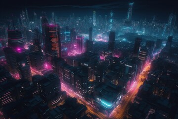 Futuristic metropolis lit by pink and blue neon lights .Generative AI