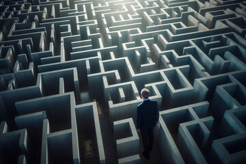 Business Disruption: An unrecognizable man navigating through a maze of obstacles - obrazy, fototapety, plakaty