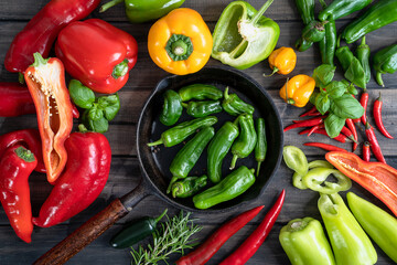 a colorful assortment of peppers, hot peppers and chili, decorated with various assesoires on a wooden table.