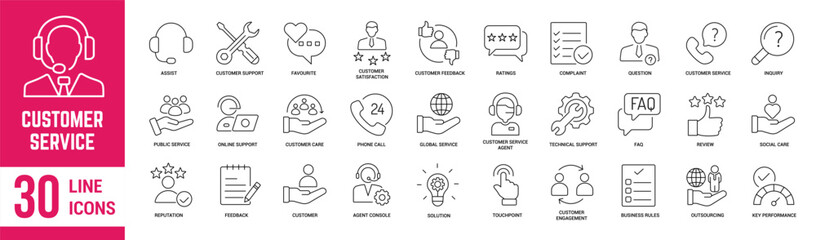 Customer Service editable stroke outline icons set. Support, customer service, assistance, feedback, help, technical support, help desk and customer satisfaction. Vector illustration. - obrazy, fototapety, plakaty