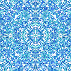  Majolica pattern. Sicilian hand drawn blue ornament. Traditional blue and white ceramic tiles. Portuguese traditional azulejo pattern. Moroccan style.