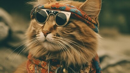 Cool cat in sunglasses. Hippie cat enjoys. Generative AI