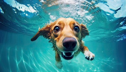 Cheerful and happy dog ​​bathes underwater. Summer entertainment and recreation. Generative AI.