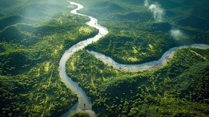 Green forests of the Amazon with rivers. Generative AI.