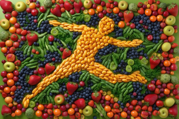 Innovative Healthy Lifestyle Concept Illustrating a Man Running, Made Entirely From A Variety Of Fruits and Vegetables. Generative AI