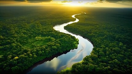 Green forests of the Amazon with rivers. Generative AI.