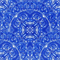Majolica pattern. Sicilian hand drawn blue ornament. Traditional blue and white ceramic tiles. Portuguese traditional azulejo pattern. Moroccan style.