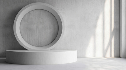 Three white round podiums in a empty room with sunlight shining through the window.