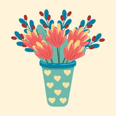 Illustration of vase with flowers. Bright blooming flowers in vase. Design element for greeting card, invitation, print, sticker. Illustration for birthday, mother's day, valentine's and woman's day.