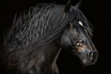 Fototapeta na wymiar Majestic Black Stallion with Flowing Mane - Horse Portrait. AI