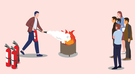 Fire Safety Training at Office and Fire Safety Training in Workplace with Fire Extinguisher for employee using Extinguisher. Training colleagues about Fire Safety Equipment and extinguishing flame