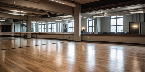 Dance studio with a polished wooden floor, mirrors, and ballet barres, ready for a group of friends to enjoy a dance class together, concept of Physical activity, created with Generative AI technology