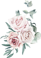 Watercolor Bouquet with Roses, Olives and Eucalyptus Branches on Transparent Background