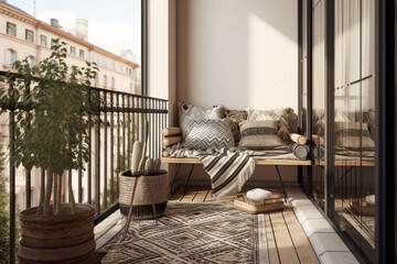  Modern cozy balcony, classic interior design with beige, brown and black colors. Super photo realistic background, generative ai illustration