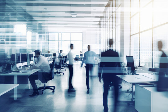 Busy modern workplace, Working process in the office business people working walking and talking blurred motion