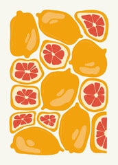 Fruits abstract elements. Food and healsy composition. Modern trendy Matisse minimal style. Fruits poster, invite. Vector arrangements for greeting card or invitation design