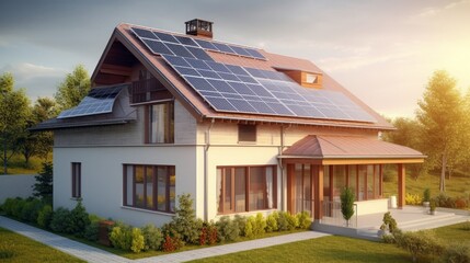 Close-up of a new structure with dark solar panels, harnessing sun energy under a bright sky. Created by AI