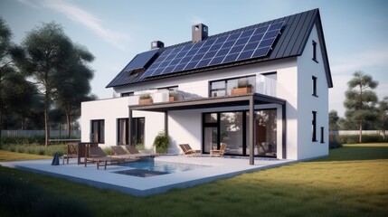 Newly constructed residence showcasing dark solar panels, a step towards sun energy. Created by AI.