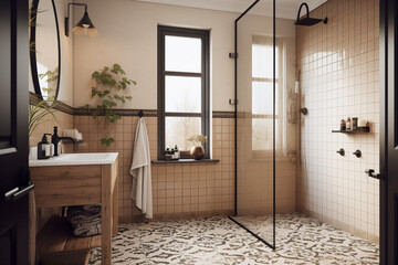  Modern cozy bathroom, classic interior design with beige, brown and black colors. Super photo realistic background, generative ai illustration