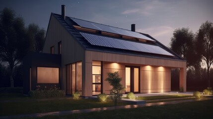 Obraz premium Close-up of a new structure with dark solar panels, harnessing sun energy under a bright sky. Created by AI