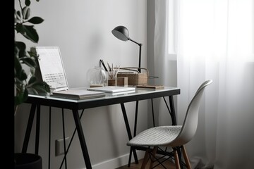 Single Desk at Home Office. Single Desk with Supplies and Wall Copy Space. Cute Single Desk for a Minimalist Workspace.