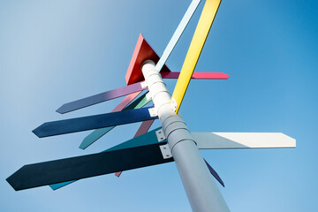Empty guidepost with arrow shaped labels against blue sky background