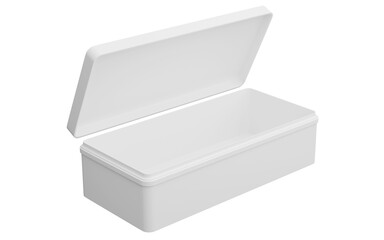 blank box rectangular open with cover lid and clean on a white background, perfect for presenting 3D rendering box model advertisements.