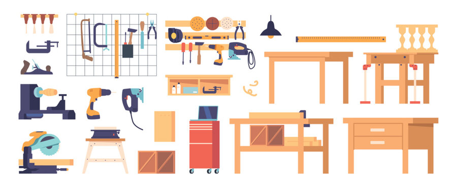 Carpentry Workshop Items Set. Workbench, Saw, Hammer And Chisel, Screwdriver, Drill, Measuring Tape Or Pliers