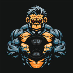 Fitness gorilla vector illustration, gym mascot character, gorilla holding weight plate