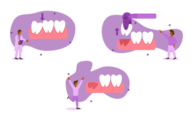 dental care illustration set. characters have wisdom teeth that collide with molars. dentist solved the problem by removing wisdom teeth. wisdom teeth solution concept. vector illustration.