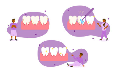 dental care illustration set. characters have tartar on teeth. dentist uses a dental cleaning kit to clean and whiten teeth. cleaning teeth by dentist kits concept. vector illustration.