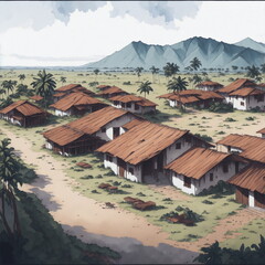 village and mountains. Generative AI.