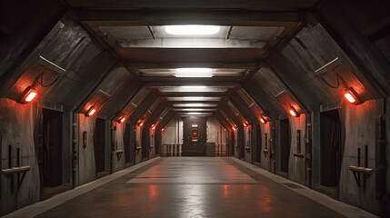 Naklejka premium Beyond Ordinary, a Modern Underground Bunker Corridor with Fortified Doors, Generative AI