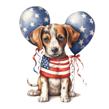 4th of July Dog, Patriotic Dog, Happy Independence Day Watercolor Clipart Illustration, made with generative AI